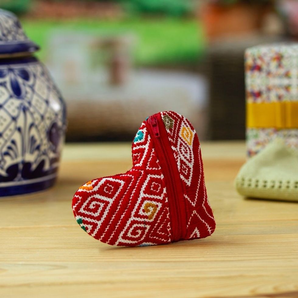 Heart-Shaped Red Zippered 100 Cotton Coin Purse from Mexico 'Romance of Frugality'