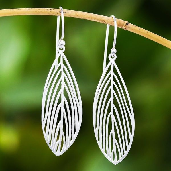 Alternate image for Handmade Leaf Earrings in Sterling Silver from Bali Leaf Silhouette