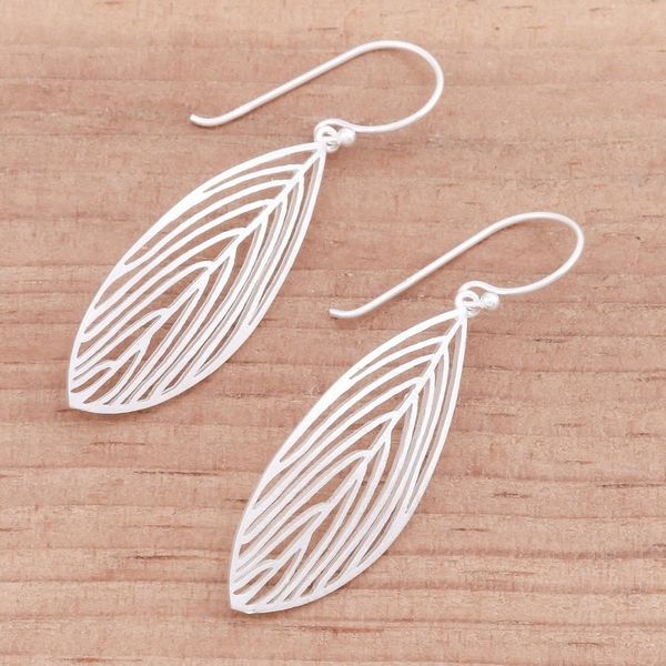 Alternate image for Handmade Leaf Earrings in Sterling Silver from Bali Leaf Silhouette