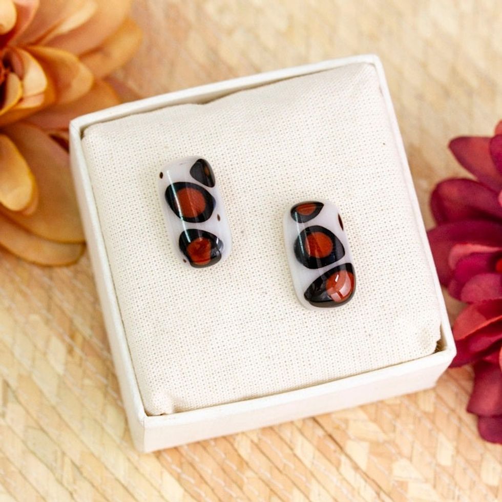 Animal Print-Themed Rectangular Art Glass Button Earrings 'Animal Print Geometry'