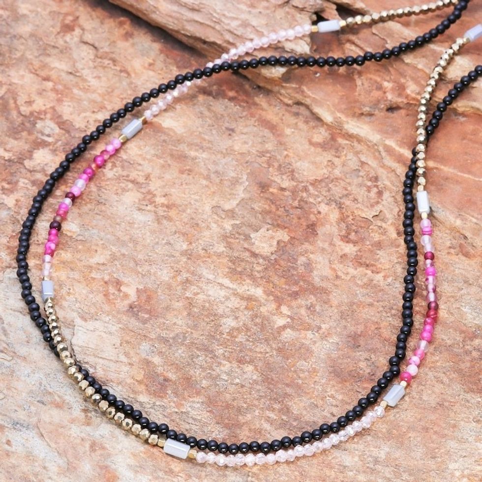 Extra Long Beaded Strand Necklace in Pink from Thailand 'Midnight Love in Pink'