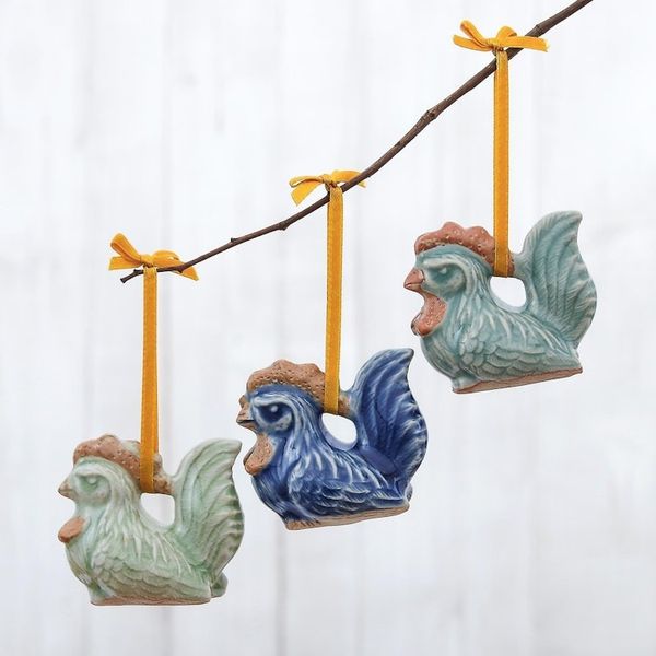 Alternate image for Set of 3 Chicken Ornaments in Celadon Ceramic Happy Hens