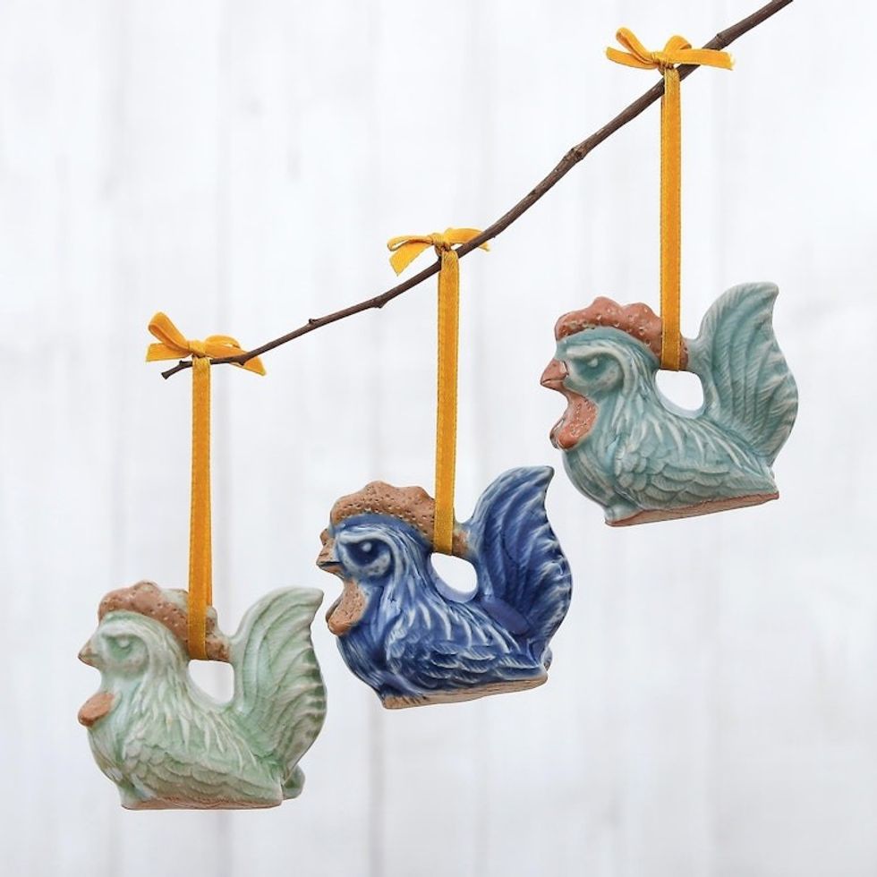 Set of 3 Chicken Ornaments in Celadon Ceramic 'Happy Hens'
