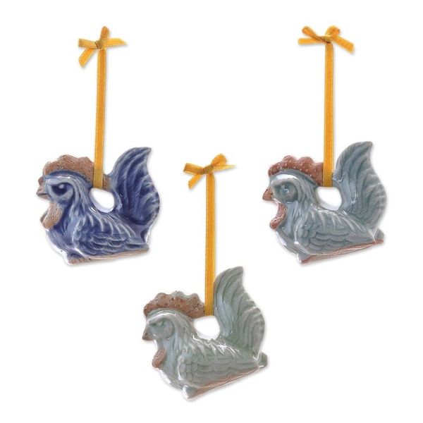 Alternate image for Set of 3 Chicken Ornaments in Celadon Ceramic Happy Hens
