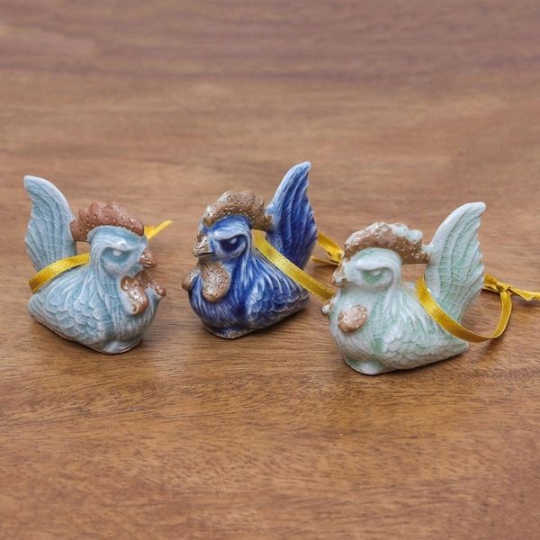 Alternate image for Set of 3 Chicken Ornaments in Celadon Ceramic Happy Hens