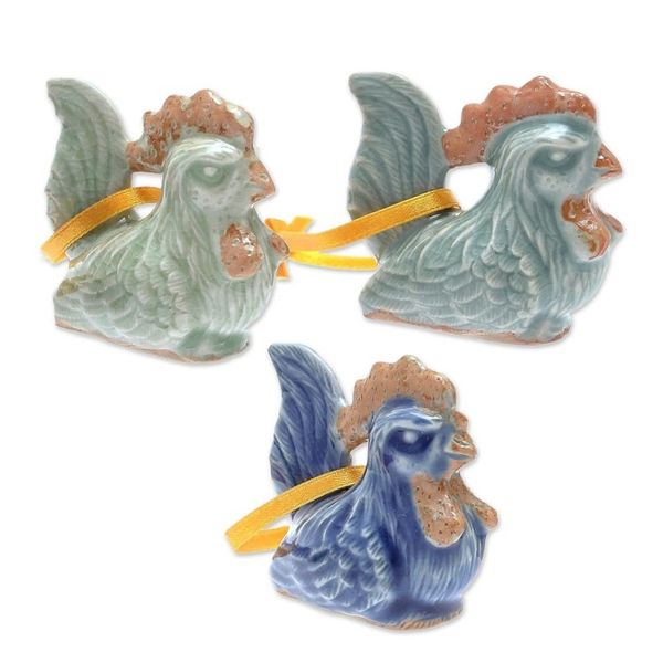 Alternate image for Set of 3 Chicken Ornaments in Celadon Ceramic Happy Hens