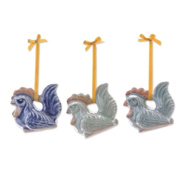 Alternate image for Set of 3 Chicken Ornaments in Celadon Ceramic Happy Hens