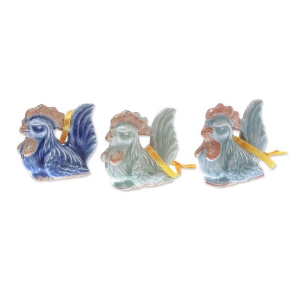 Alternate image for Set of 3 Chicken Ornaments in Celadon Ceramic Happy Hens