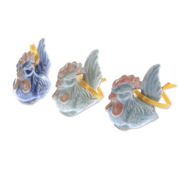 Alternate image for Set of 3 Chicken Ornaments in Celadon Ceramic Happy Hens