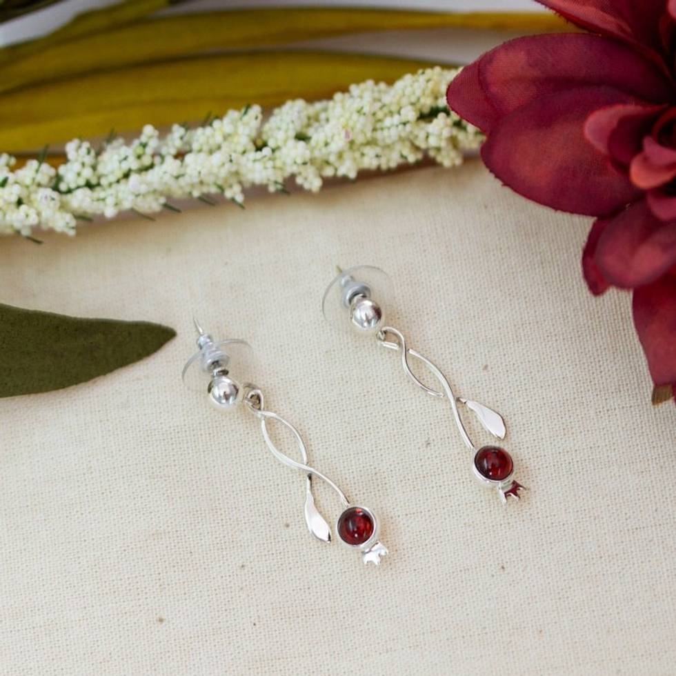 Modern Taxco Silver Dangle Earrings with Garnet Gemstones 'Regal Vibrancy'