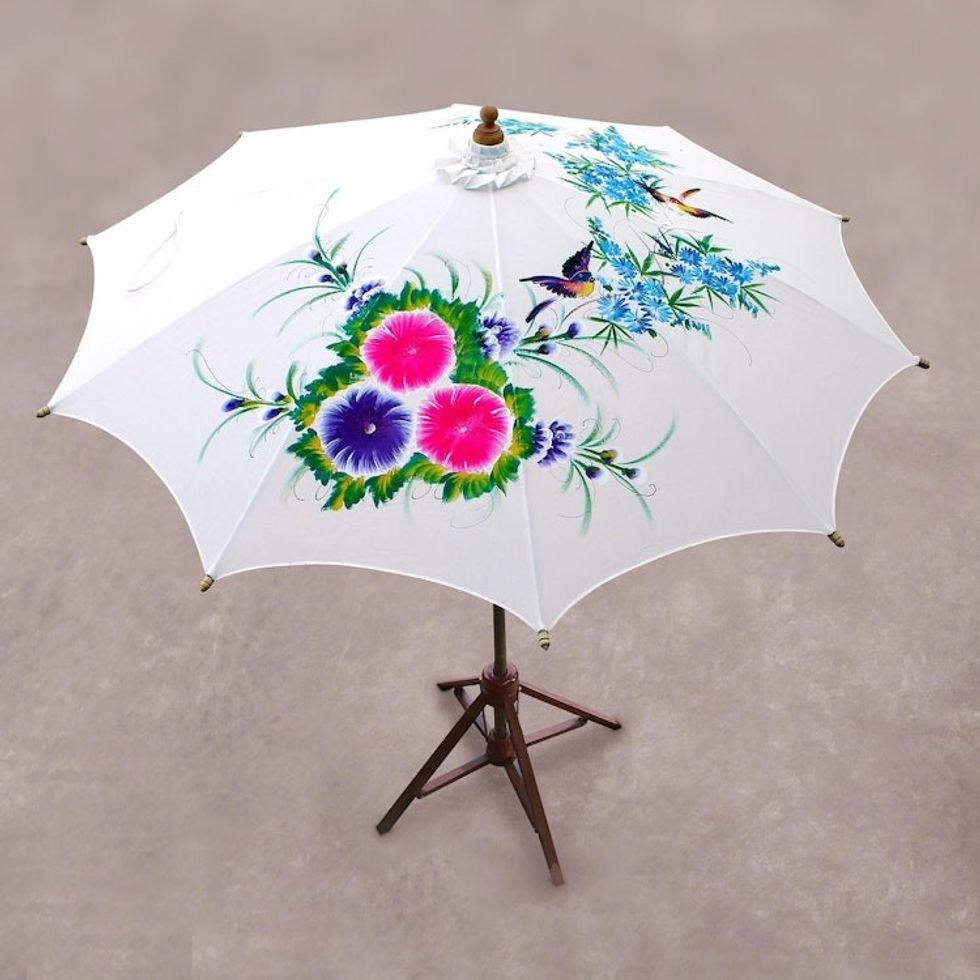 Floral Bird-Themed Cotton and Bamboo Parasol from Thailand 'Birds and Flowers'