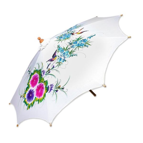Alternate image for Floral Bird-Themed Cotton and Bamboo Parasol from Thailand Birds and Flowers