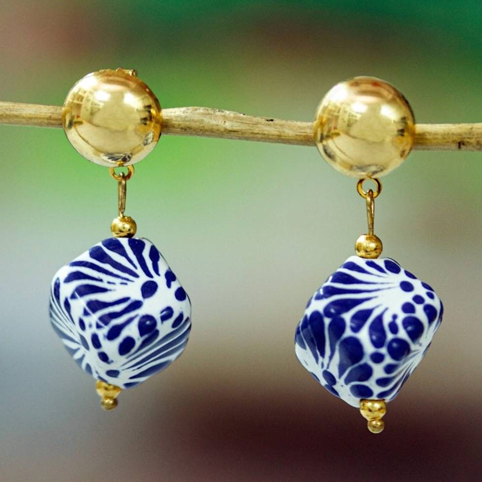Traditional Ceramic Cube Dangle Earrings with Golden Beads 'Glorious Dimension'