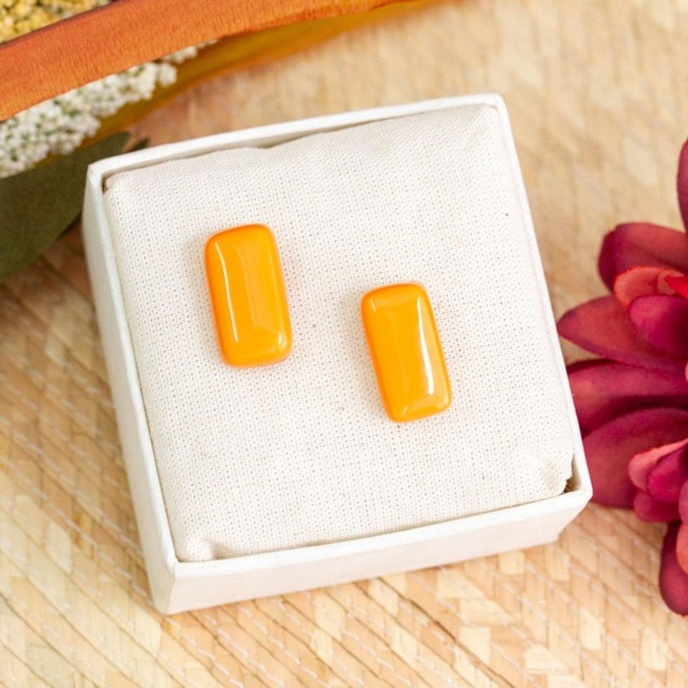 Orange Rectangular Art Glass Button Earrings from Mexico 'Tangerine Geometry'