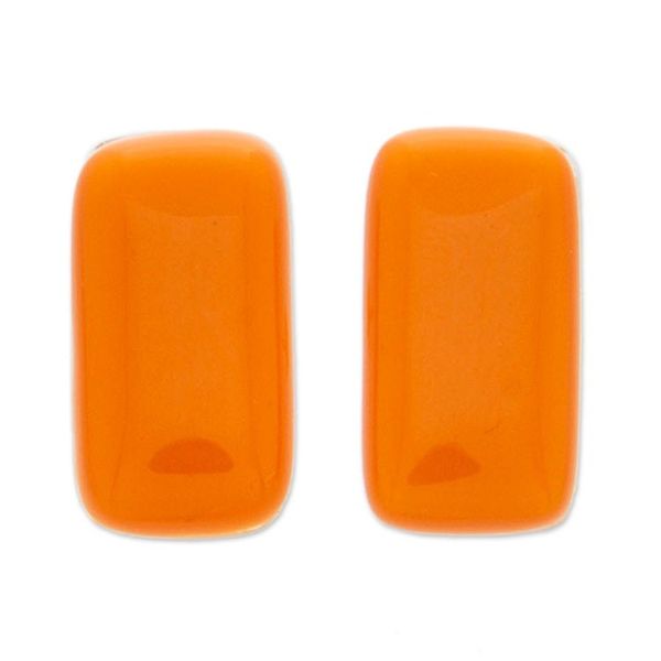 Alternate image for Orange Rectangular Art Glass Button Earrings from Mexico Tangerine Geometry