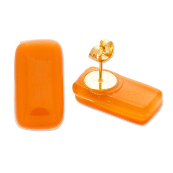 Alternate image for Orange Rectangular Art Glass Button Earrings from Mexico Tangerine Geometry