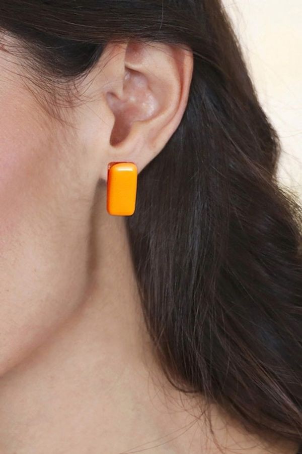 Alternate image for Orange Rectangular Art Glass Button Earrings from Mexico Tangerine Geometry