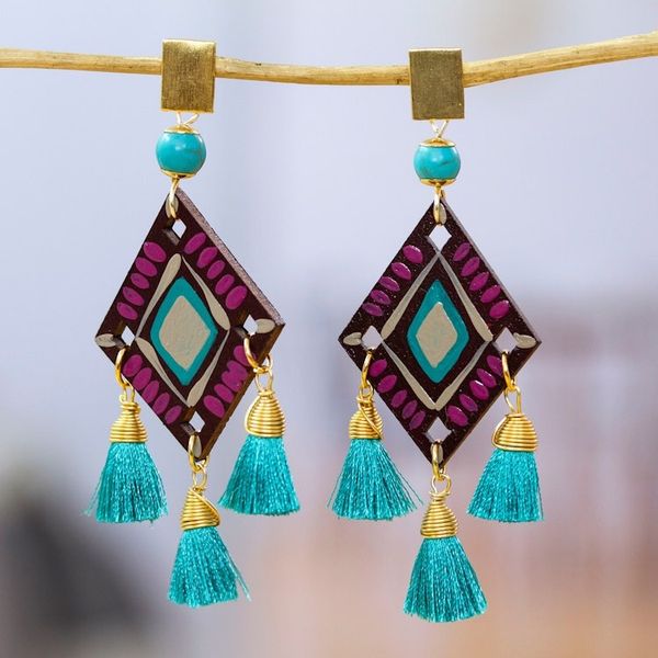 Alternate image for Folk Art Chandelier Earrings with Recon Turquoise Jewels Lagoon Princess