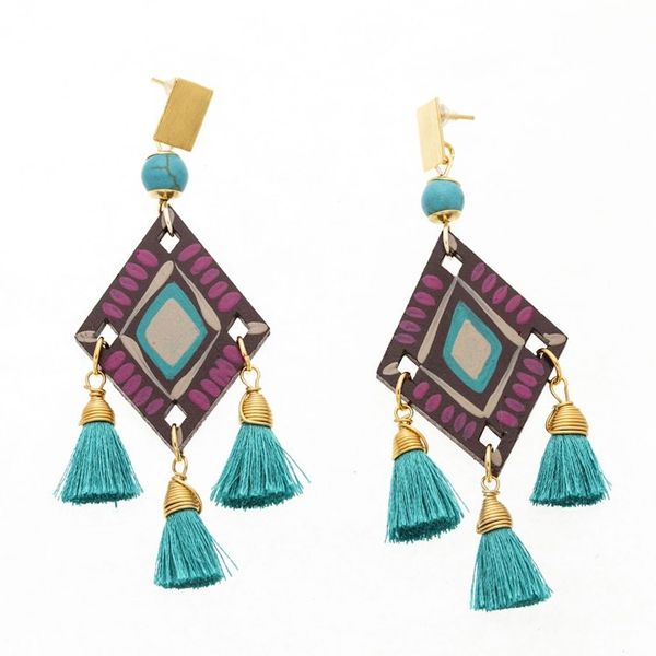 Alternate image for Folk Art Chandelier Earrings with Recon Turquoise Jewels Lagoon Princess
