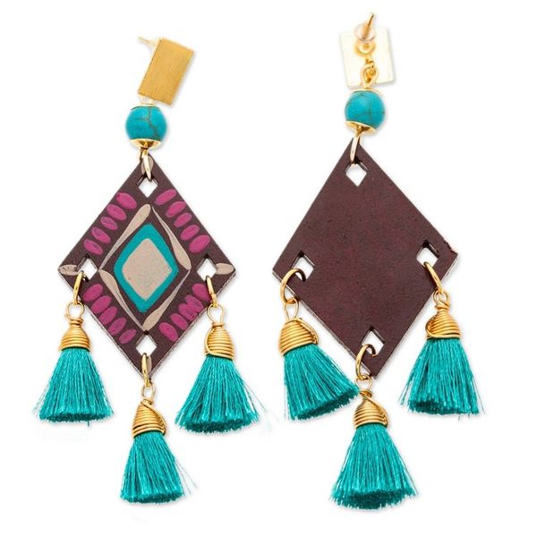 Alternate image for Folk Art Chandelier Earrings with Recon Turquoise Jewels Lagoon Princess