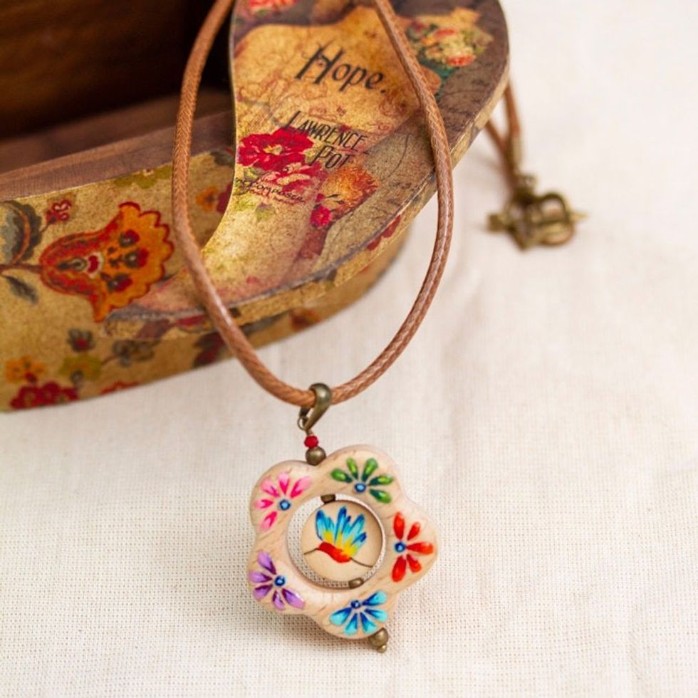 Hummingbird Floral Hand-Painted Wood Pendant Necklace 'Hummingbird Bloom'