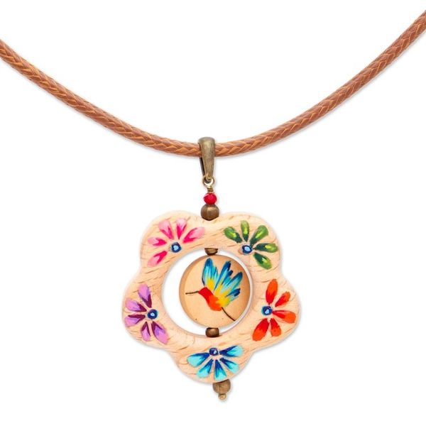 Alternate image for Hummingbird Floral Hand-Painted Wood Pendant Necklace Hummingbird Bloom