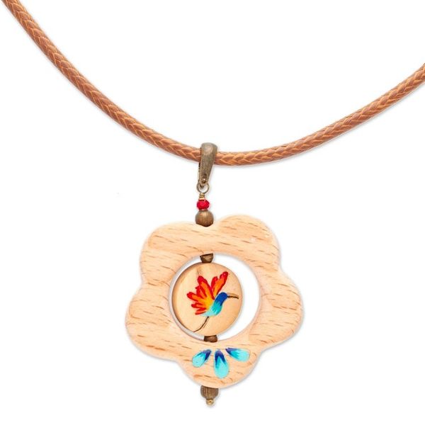 Alternate image for Hummingbird Floral Hand-Painted Wood Pendant Necklace Hummingbird Bloom