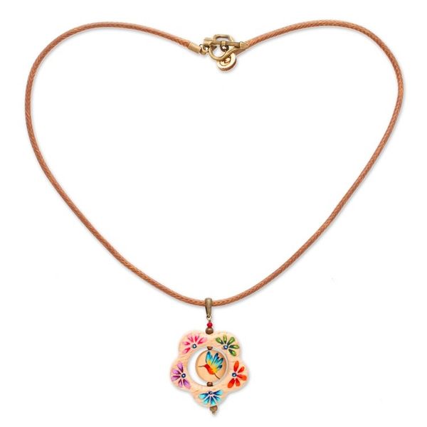 Alternate image for Hummingbird Floral Hand-Painted Wood Pendant Necklace Hummingbird Bloom
