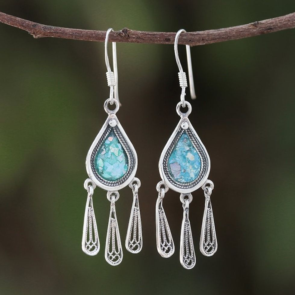 Drop-Shaped Roman Glass Chandelier Earrings from Thailand 'Ancient Rain'