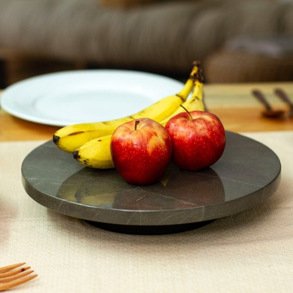 Hand-Carved Minimalist Dark Grey Marble Rotating Centerpiece 'Metropolitan Banquet'