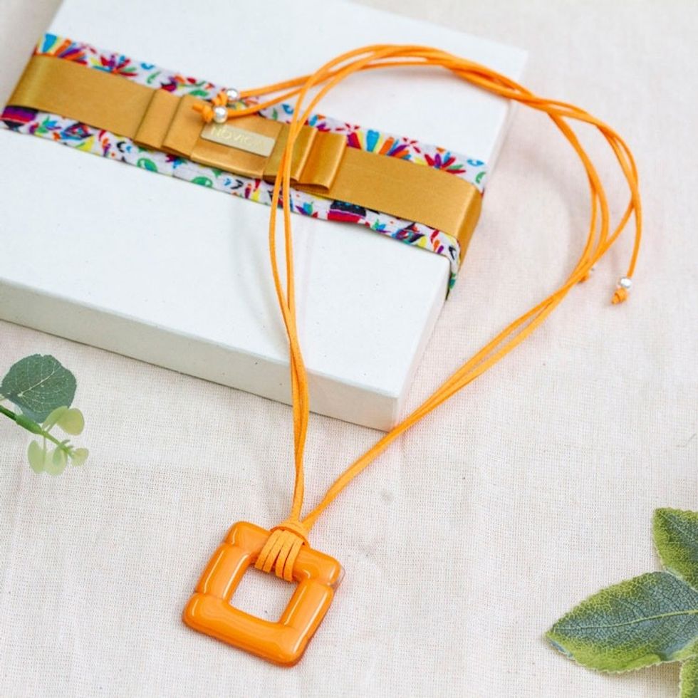 Handmade Fused Art Glass Square Pendant Necklace in Orange 'Tangerine Square'