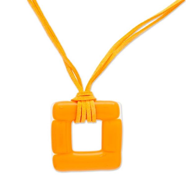 Alternate image for Handmade Fused Art Glass Square Pendant Necklace in Orange Tangerine Square