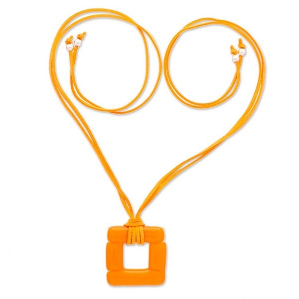 Alternate image for Handmade Fused Art Glass Square Pendant Necklace in Orange Tangerine Square