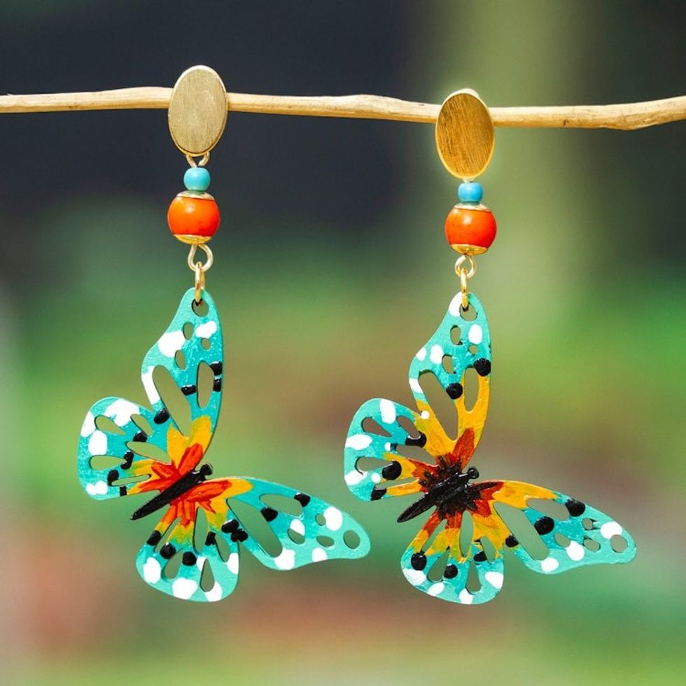 Butterfly-Themed Hand-Painted Natural Agate Dangle Earrings 'Butterfly Whispers'
