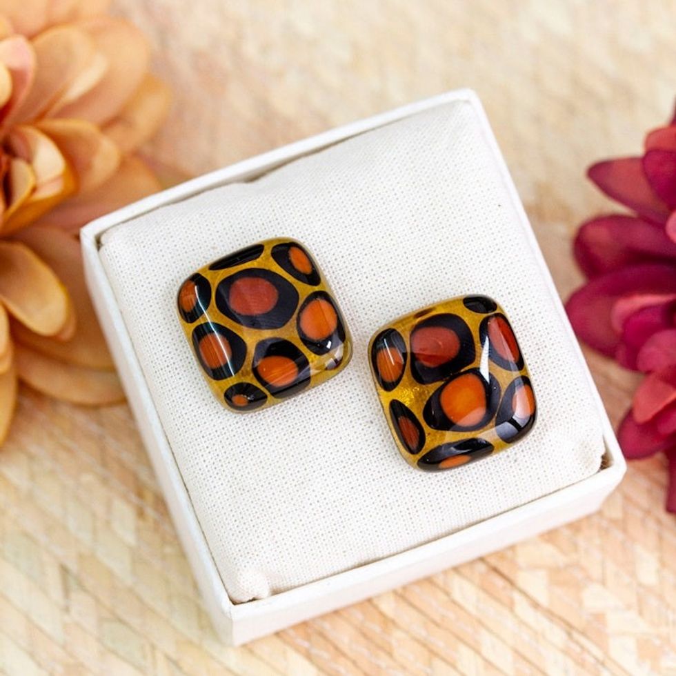 Modern Fused Art Glass Animal Print Square Button Earrings 'Exotic Animal Print Square'