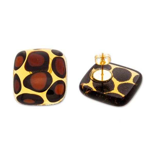 Alternate image for Modern Fused Art Glass Animal Print Square Button Earrings Exotic Animal Print Square