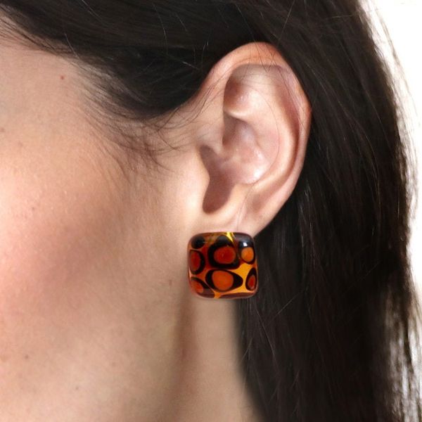 Alternate image for Modern Fused Art Glass Animal Print Square Button Earrings Exotic Animal Print Square