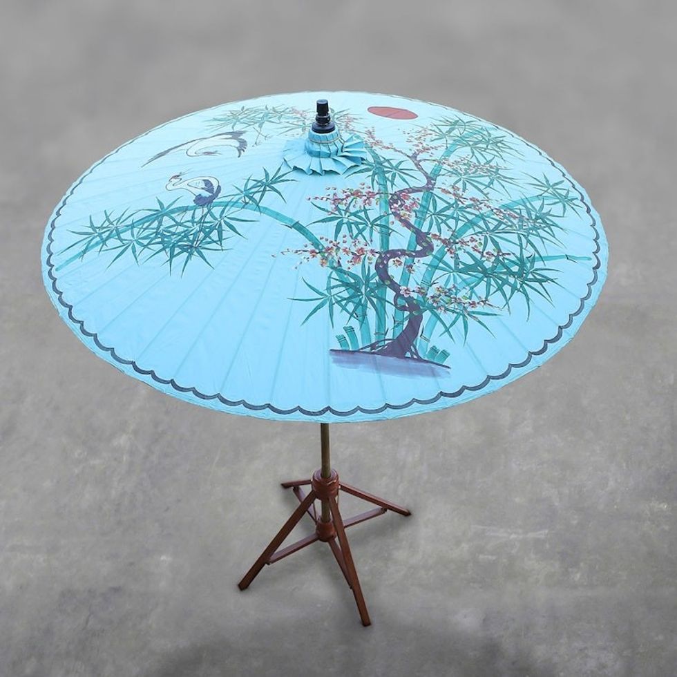 Crane-Themed Cotton and Bamboo Parasol in Cerulean 'Play With Friends'