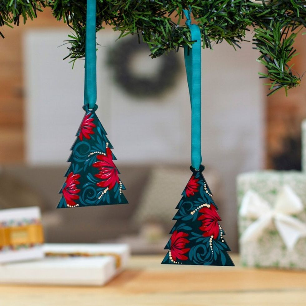Hand-Painted Pine-Shaped Green and Red Wood Ornament Pair 'Eve Pines'