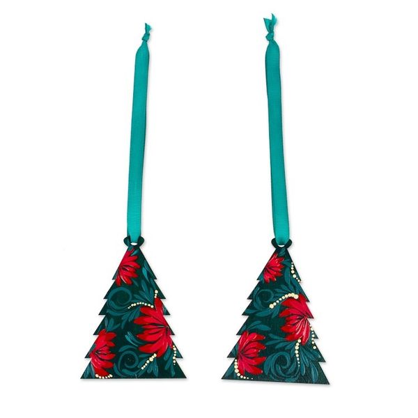 Alternate image for Hand-Painted Pine-Shaped Green and Red Wood Ornament Pair Eve Pines