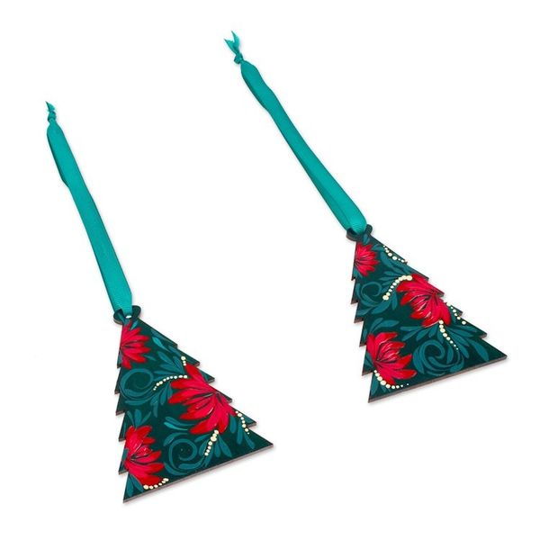 Alternate image for Hand-Painted Pine-Shaped Green and Red Wood Ornament Pair Eve Pines
