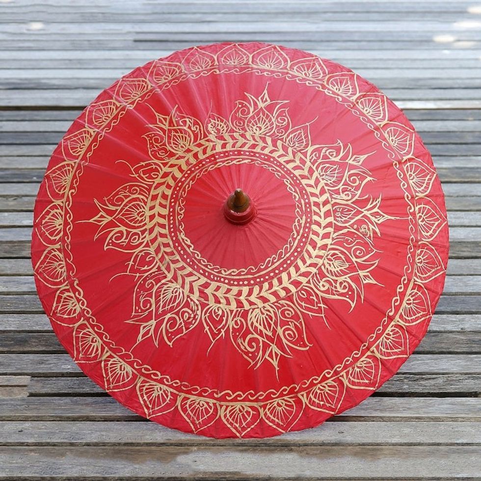 Saa Paper Parasol in Red with Gold Accents from Thailand 'Motifs on Red'