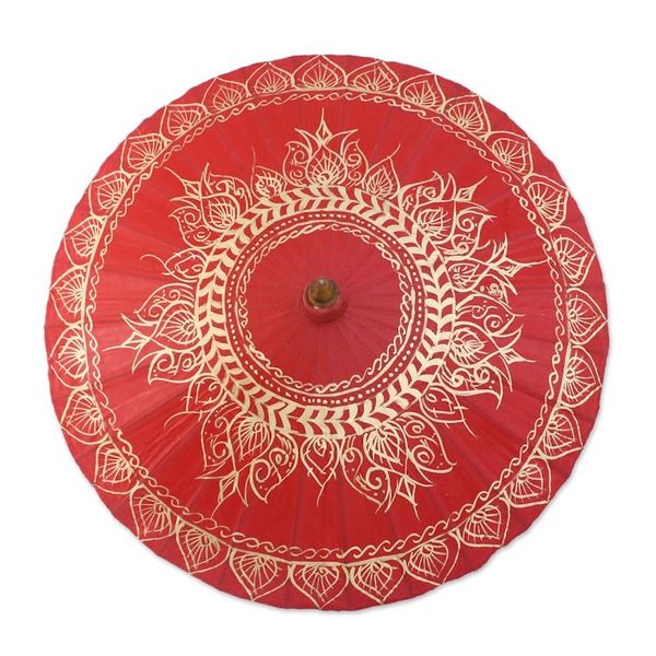 Alternate image for Saa Paper Parasol in Red with Gold Accents from Thailand Motifs on Red