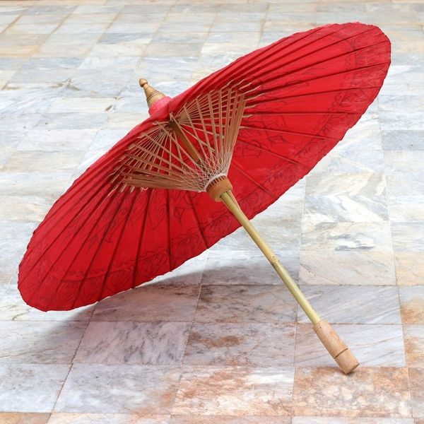 Alternate image for Saa Paper Parasol in Red with Gold Accents from Thailand Motifs on Red