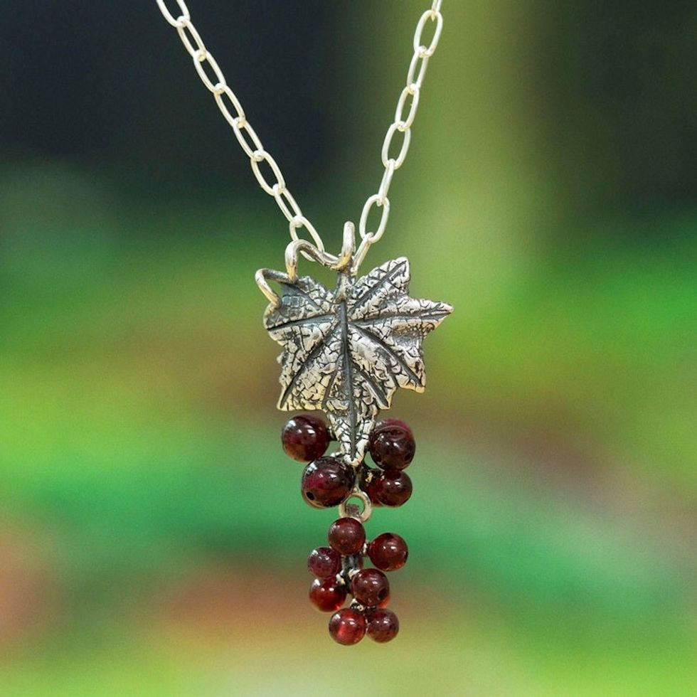 Wine-Themed Leafy Pendant Necklace with Natural Garnet Beads 'Blissful Wine'