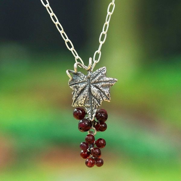 Alternate image for Wine-Themed Leafy Pendant Necklace with Natural Garnet Beads Blissful Wine
