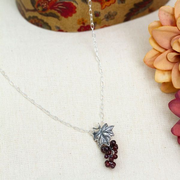 Alternate image for Wine-Themed Leafy Pendant Necklace with Natural Garnet Beads Blissful Wine