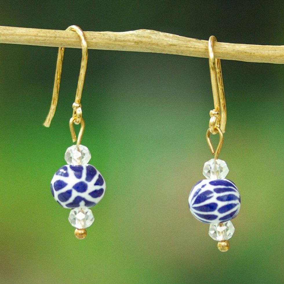 Artisan-Made Talavera-Themed Gold-Accented Dangle Earrings 'Talavera Sparks'