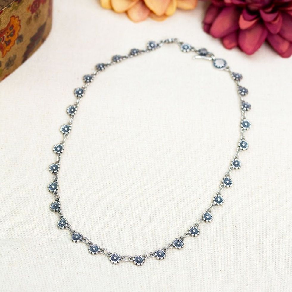 Polished and Oxidized Sterling Silver Spring Link Necklace 'Wild Petals'