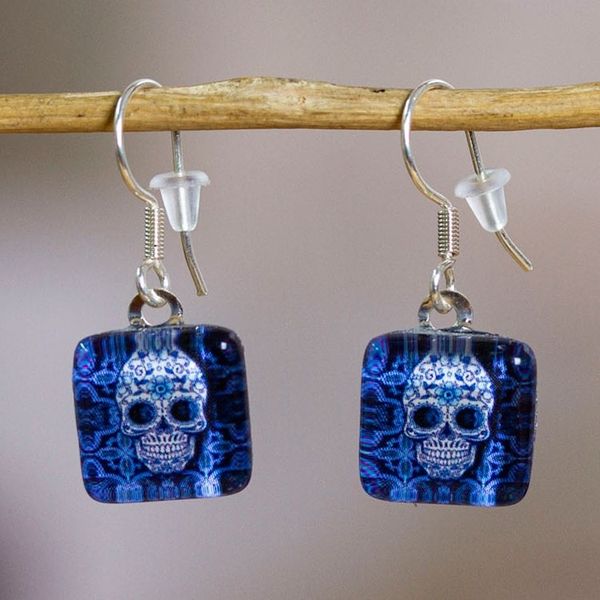 Alternate image for Decoupage on Glass Dangle Earrings with Skull Motif in Blue Petite Stunning Skull